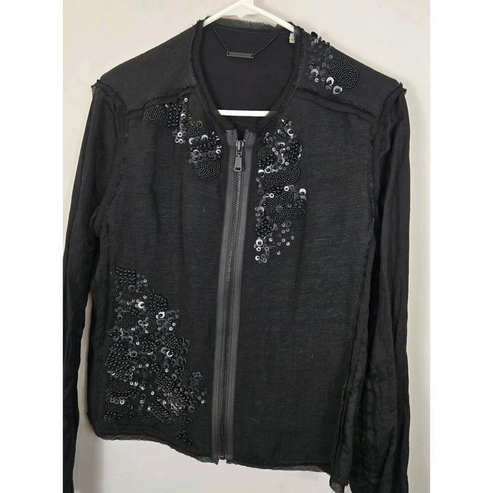 Elie Tahari Pearson Sequined Raw-Edge Jacket Black M MSP $448 WHIMSIGOTH Linen